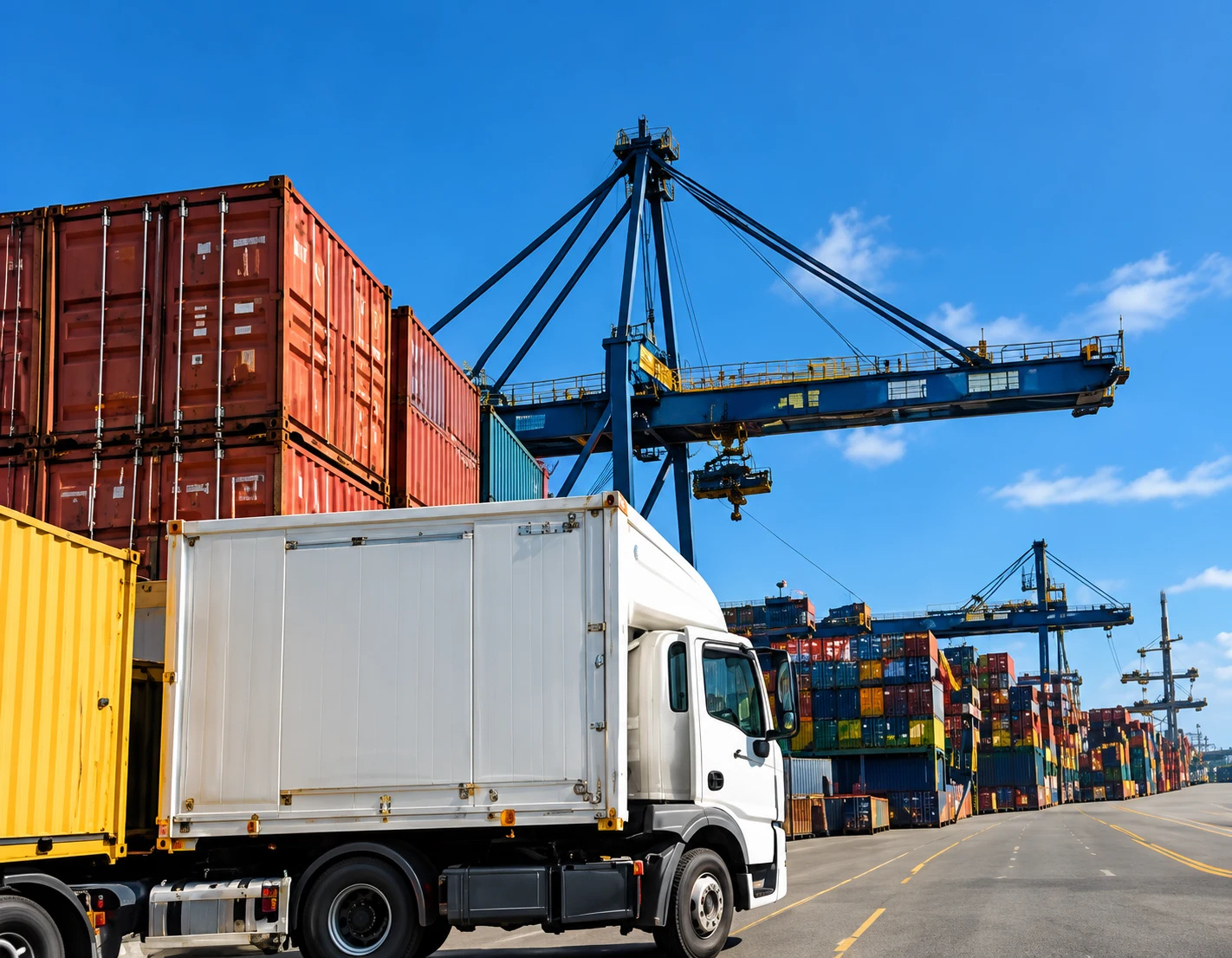 Illustrative white cargo truck moving through a container port